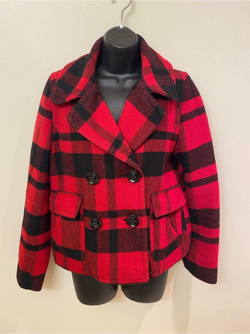 Vintage American Eagle Red Black Buffalo Plaid Wool Blend Cropped Jacket